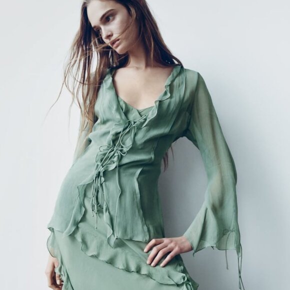 NWT SAGE GREEN SEMI-SHEER BLOUSE WITH RUFFLES - Picture 5 of 8